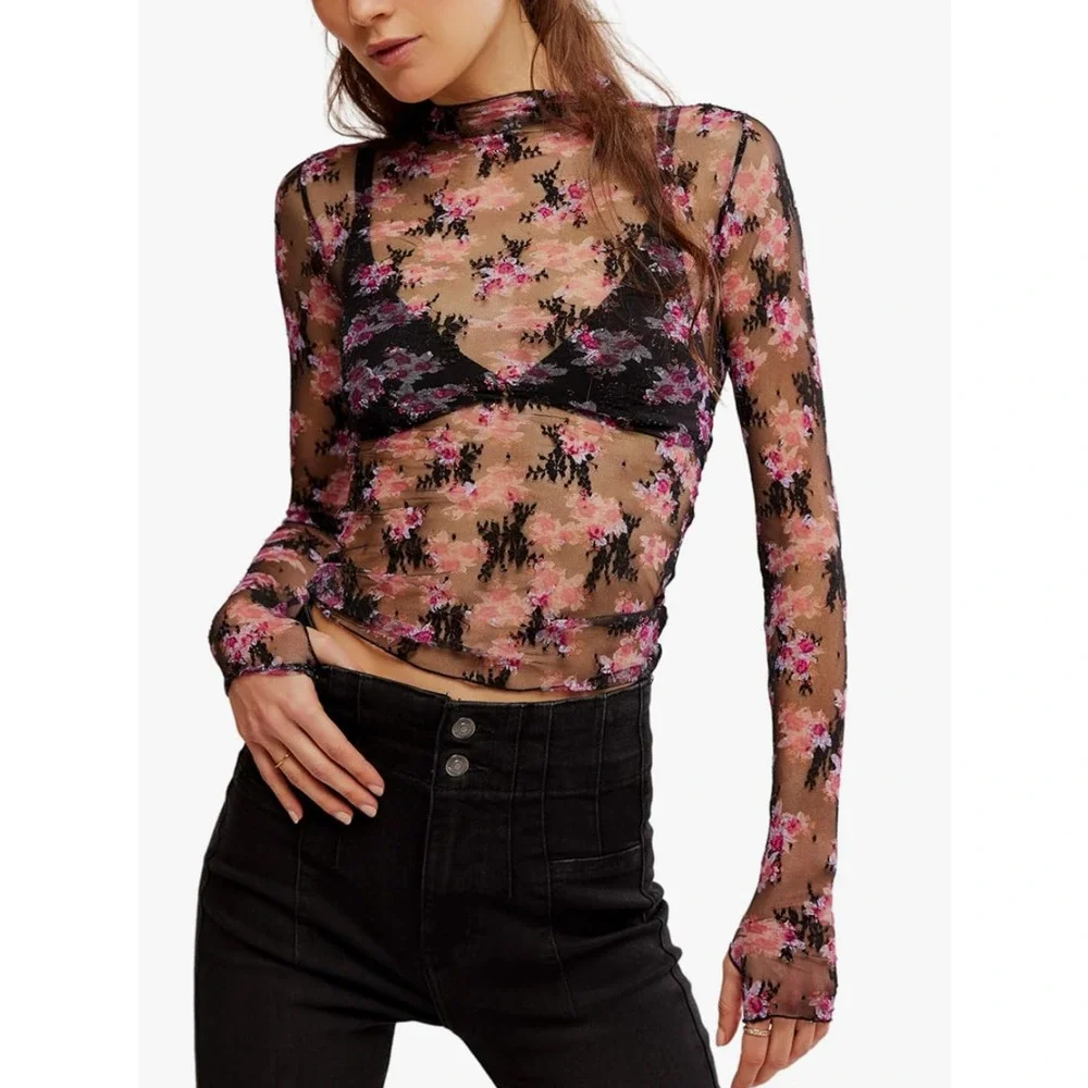 NEW FREE PEOPLE INTIMATELY BLACK FLORAL LADY LUX FLORAL LAYERING TOP SHIRT XS
